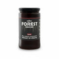 Jar of honey labeled 'Forest' with a black lid on a white background